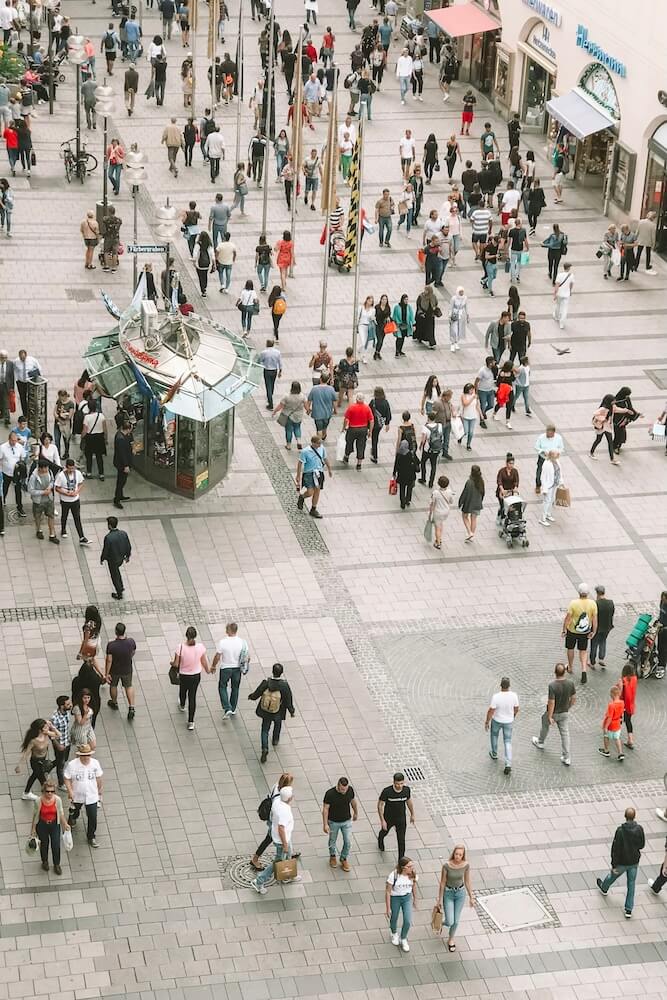 city centre development strategy-city A bird's-eye view of a pedestrian zone with people