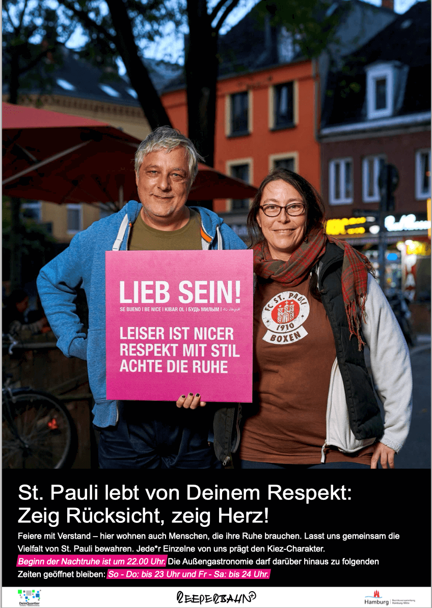 Plakat der Lieb-sein-Kampagne in Hamburg: St. Pauli lebt von Deinem Respekt. Zeig Rücksicht, zeig Herz!
